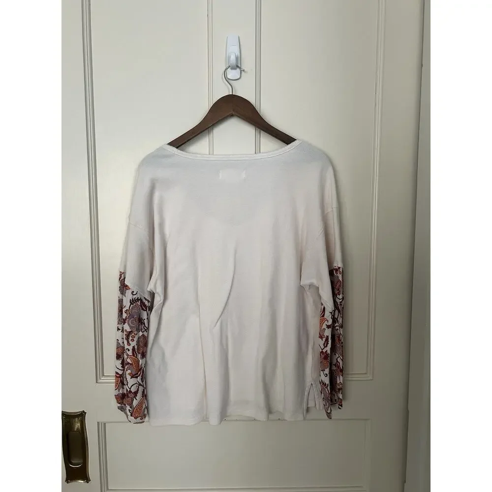Anthropologie V-neck Mixed Fabric Thermal Shirt Womens Size Small White Preppy